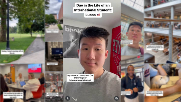 A collage of scenes from a day in the life of an international student at Ohio State University, including campus walkways, classrooms, a gym, and study areas, with overlaid captions describing daily activities.