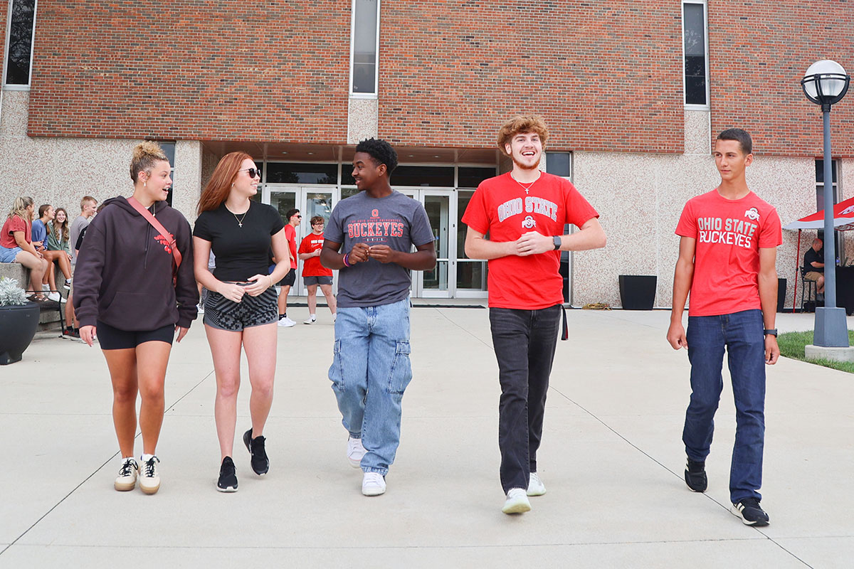 Students talking outside the Life and Physical Sciences Building on the campus of The Ohio State University at Lima